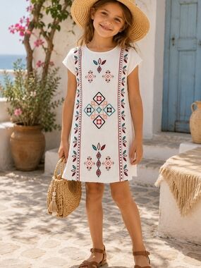 Hayden Girls White Embroidered Shift Dress with Multicolor Accents